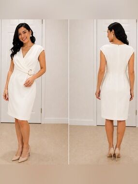 Calvin Klein Ivory Sheath Dress Size 8 Wrap V-Neck Gold Ring Career Cocktail